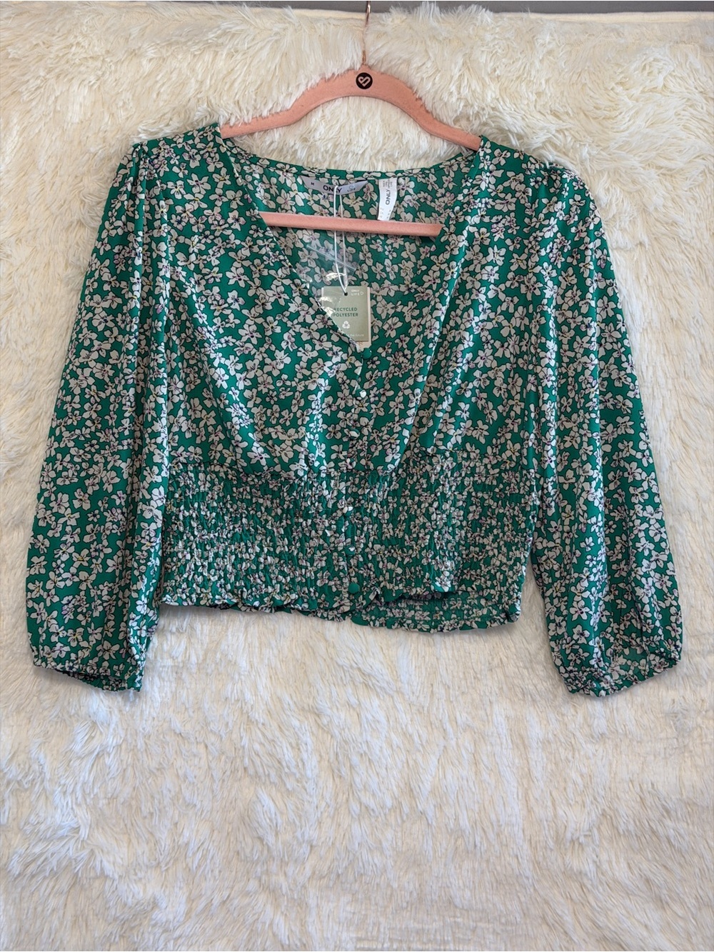 Only Womens Boho Forest Fairy Smocked Waist Crop Top Size M Green Puff Sleeve
